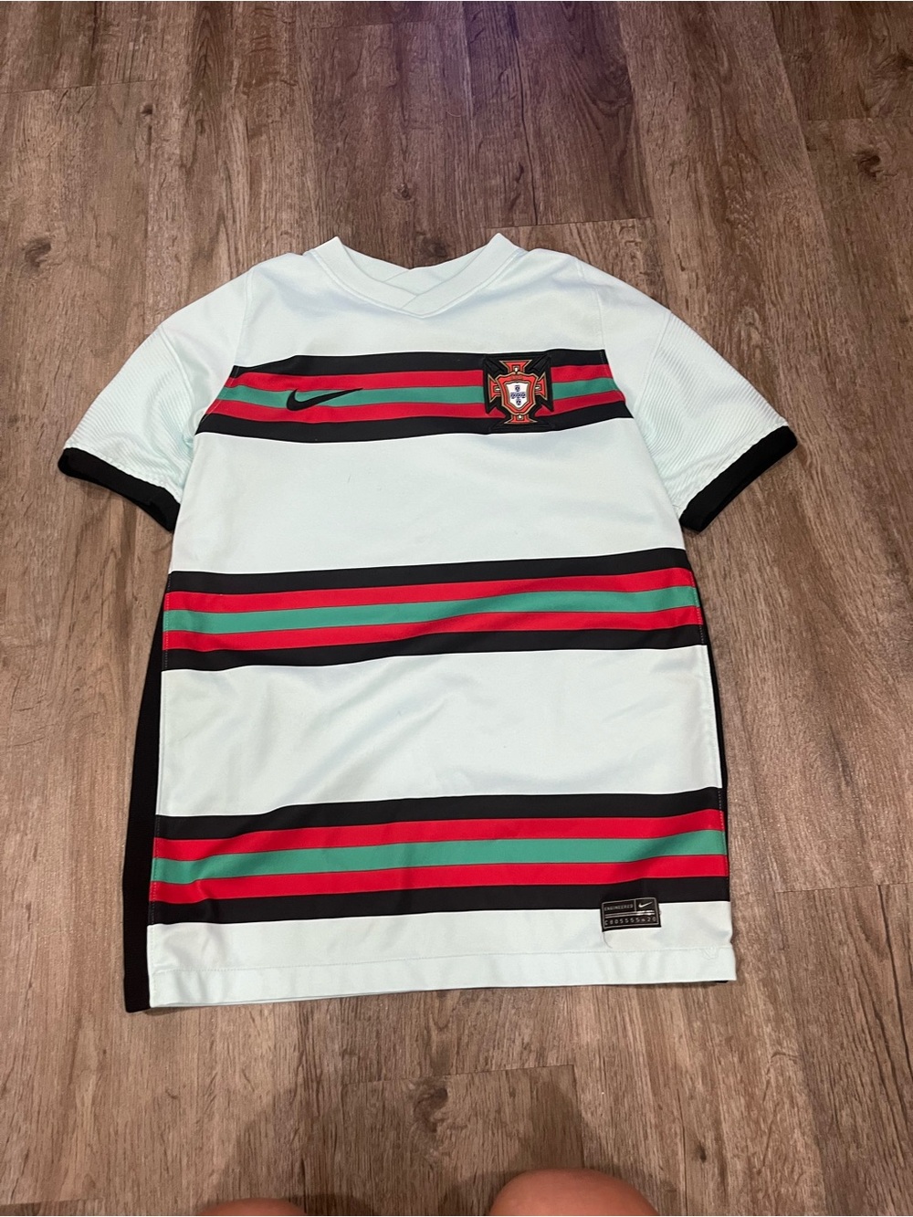 Nike Kids Light Blue Soccer Jersey with Red & Green Stripes